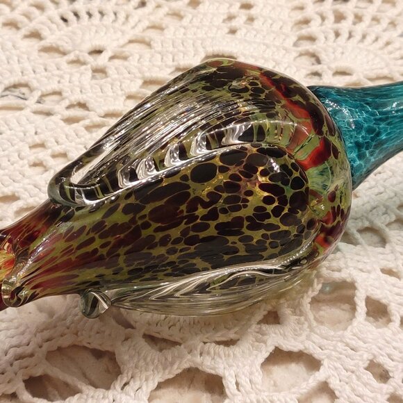 Vintage Czech Art Glass Flower Tulip Hand Blown Glass Turquoise Gold Long Stem - Picture 11 of 11